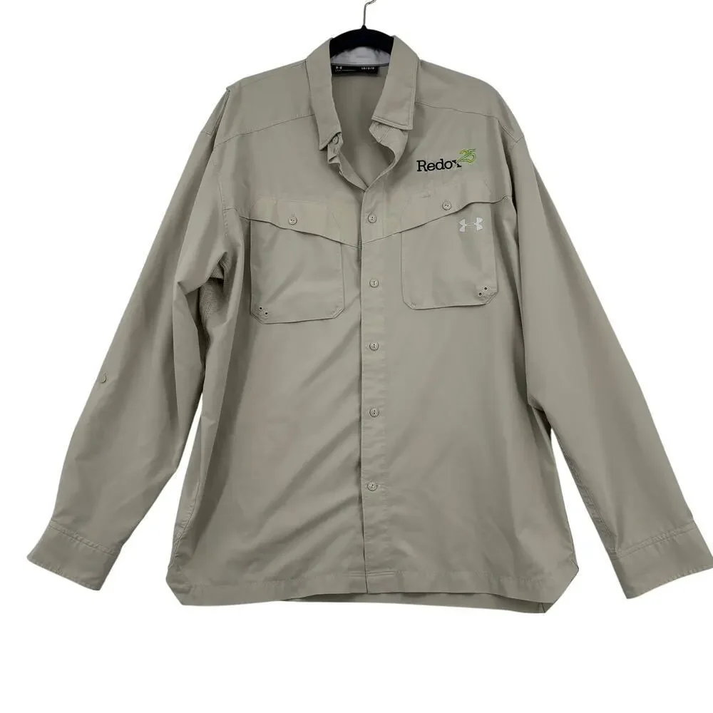 Under Armour Button Shirt Mens L Tan Fishing Redox Logo Roll Tab Sleeve Vented